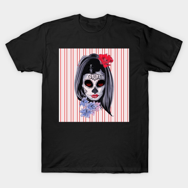 Red White and Black Striped Graphic & makeup mask,floral,flower skull T-Shirt by SAM DLS